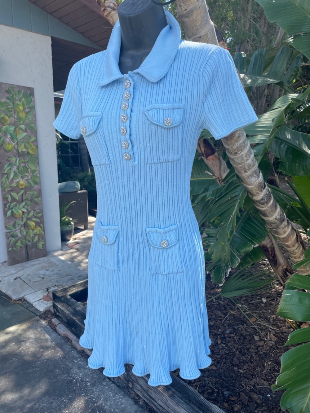 Sierra Darien ribbed blue dress with silver sparkles and pearl buttons